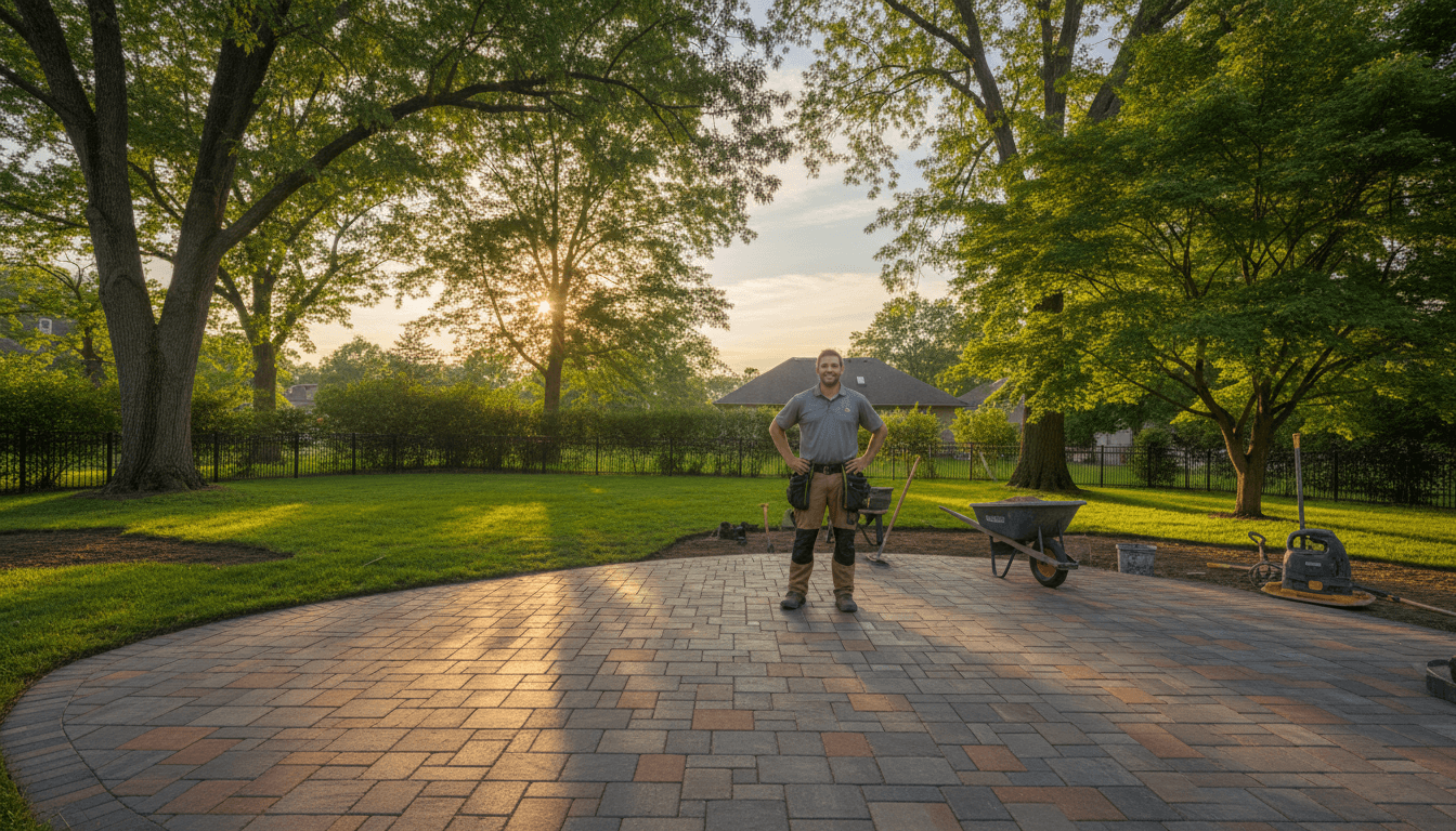 Professional landscaper inspecting newly installed paver patio in a residential backyard during golden hour