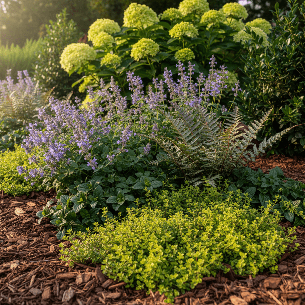 Newly planted garden bed showing layered composition