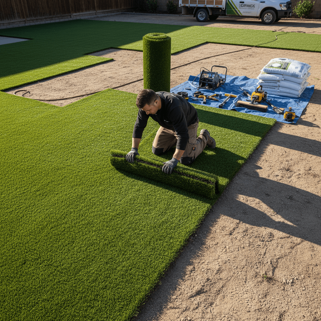 Professional artificial turf installation in progress