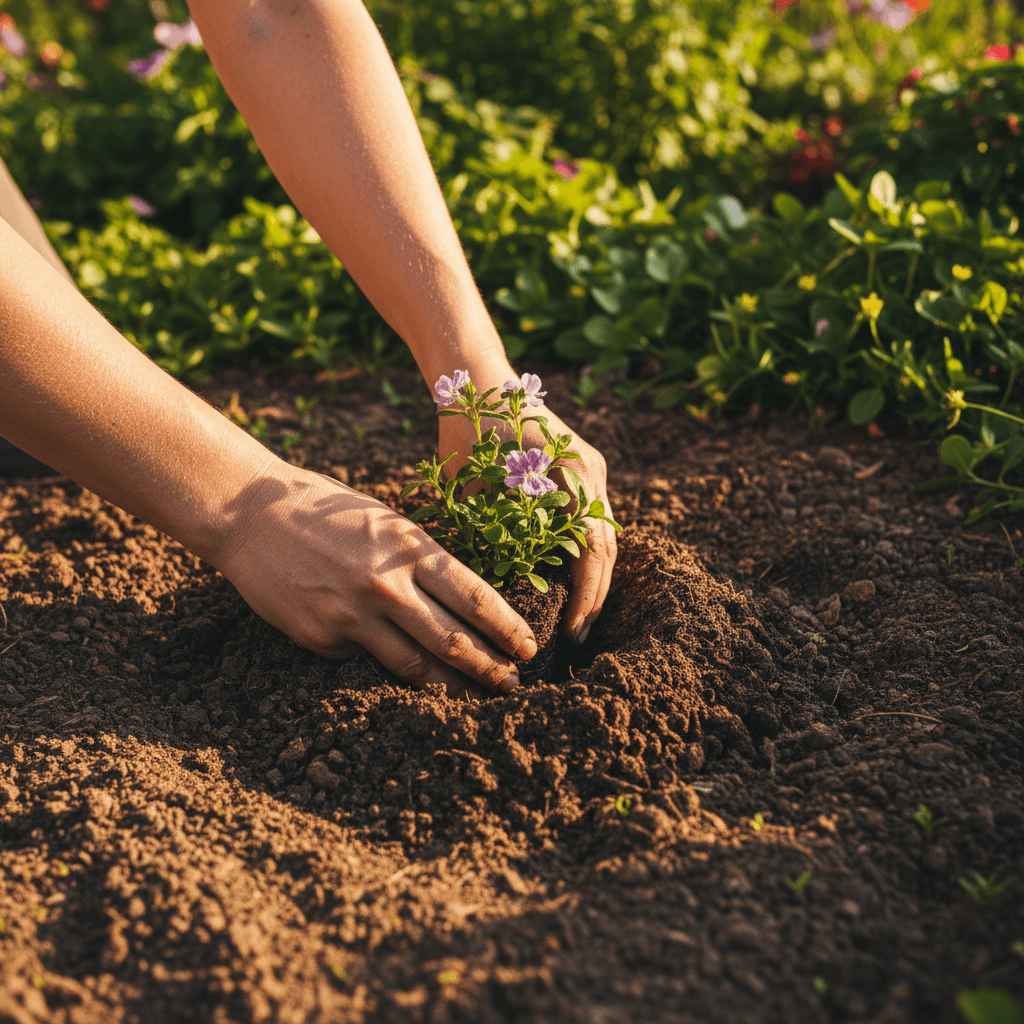 Hands planting a perennial in garden soil