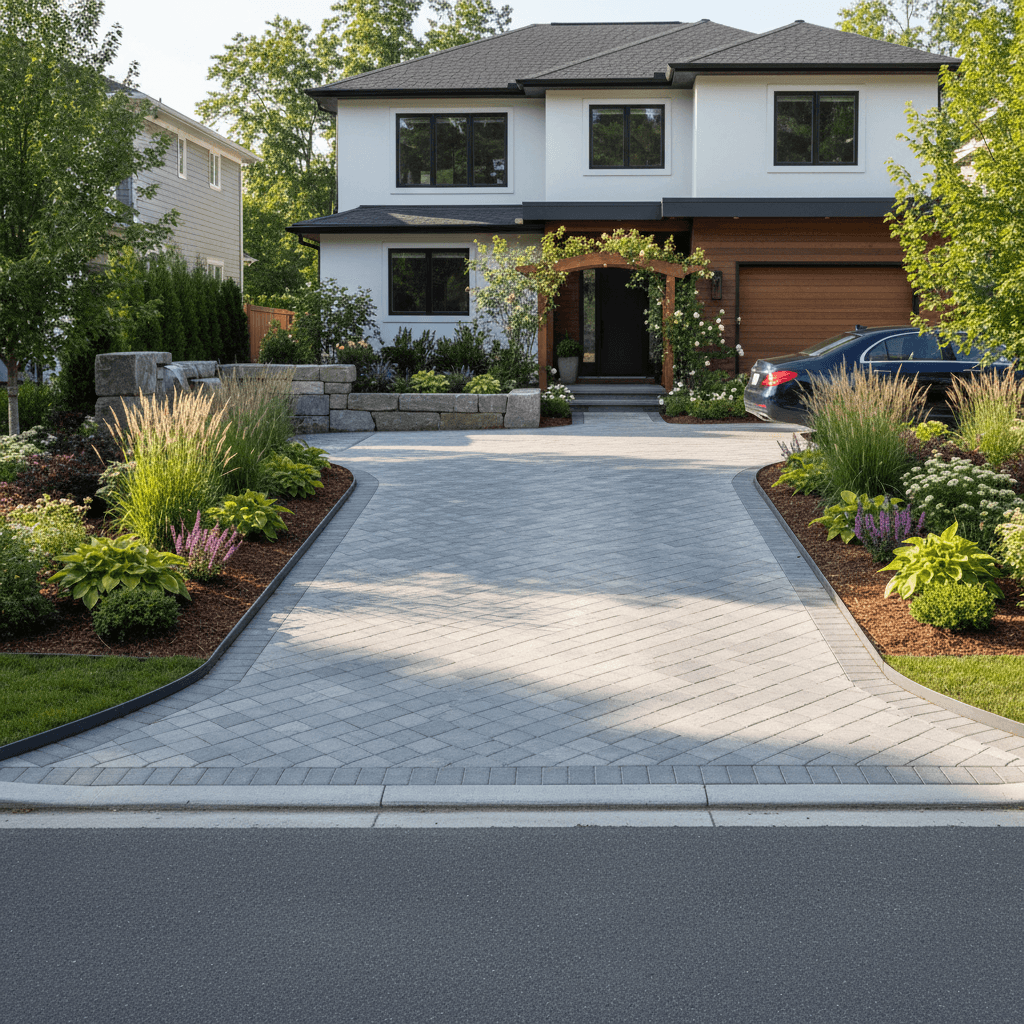Driveway landscaping with stone edging and plantings