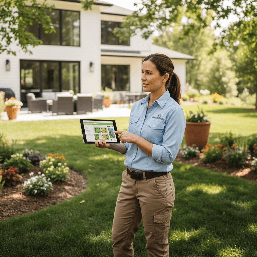 Landscape professional reviewing lawn care plan in residential yard