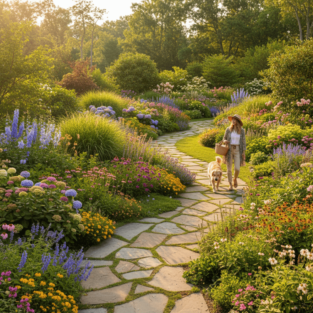 Residential garden with curved beds and stone pathway