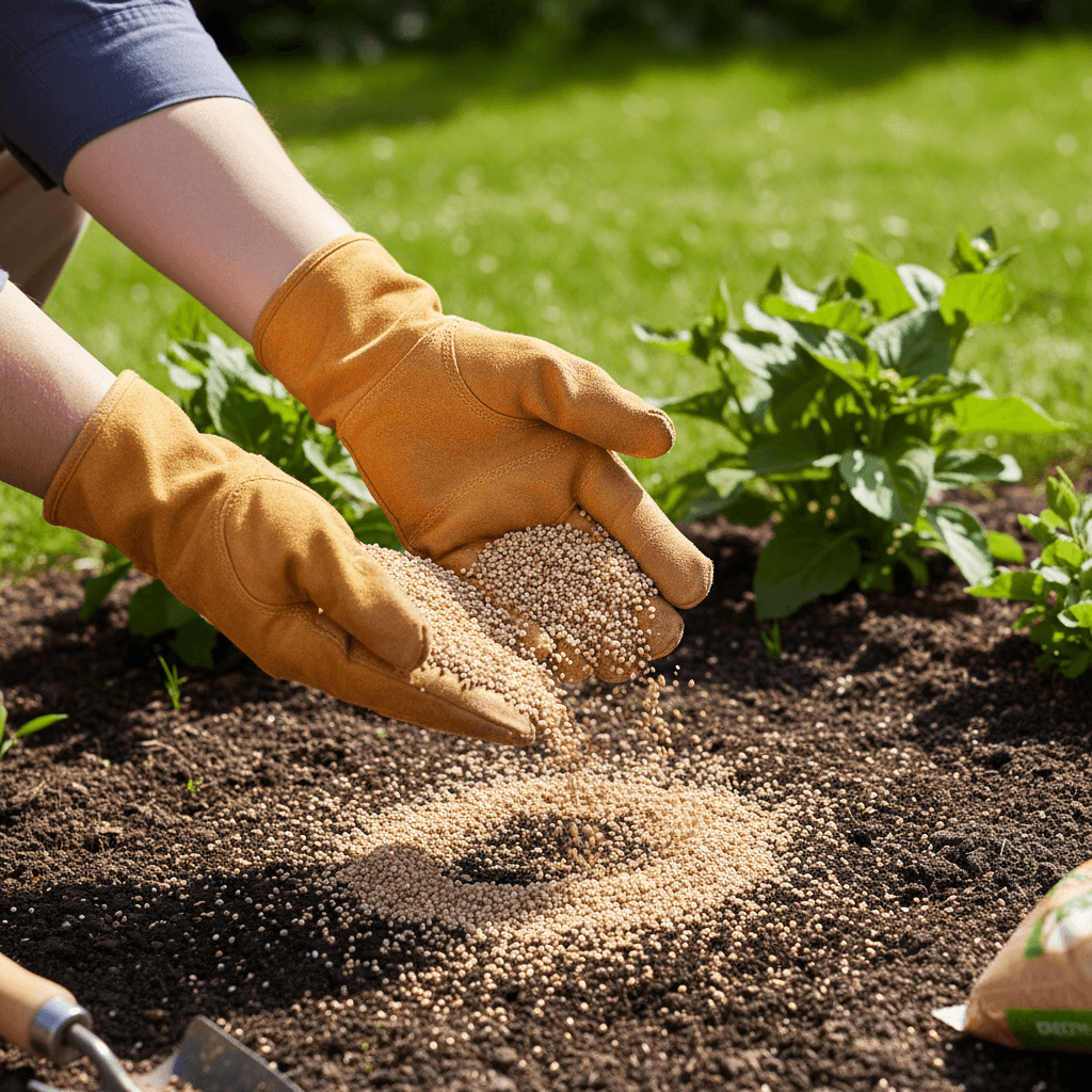 Close-up of hands applying fertilizer to garden soil