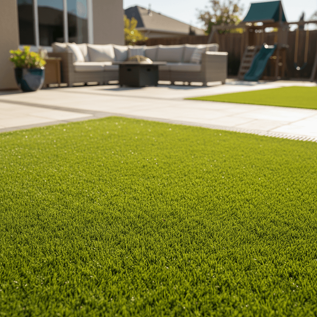 Residential backyard with artificial turf installation creating functional living space