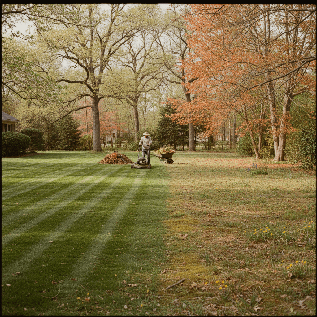 Landscaper performing seasonal lawn maintenance in a residential yard