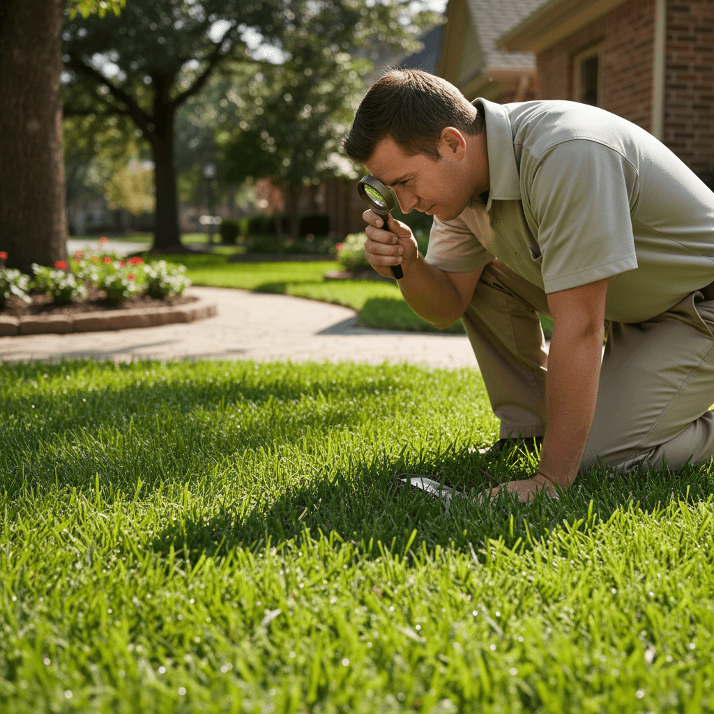Landscape technician inspecting lawn for pest damage