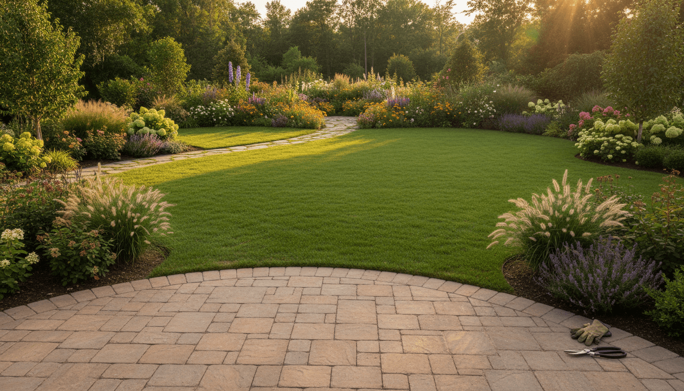 Beautiful residential backyard with professional landscaping, paver patio, and flowering garden beds