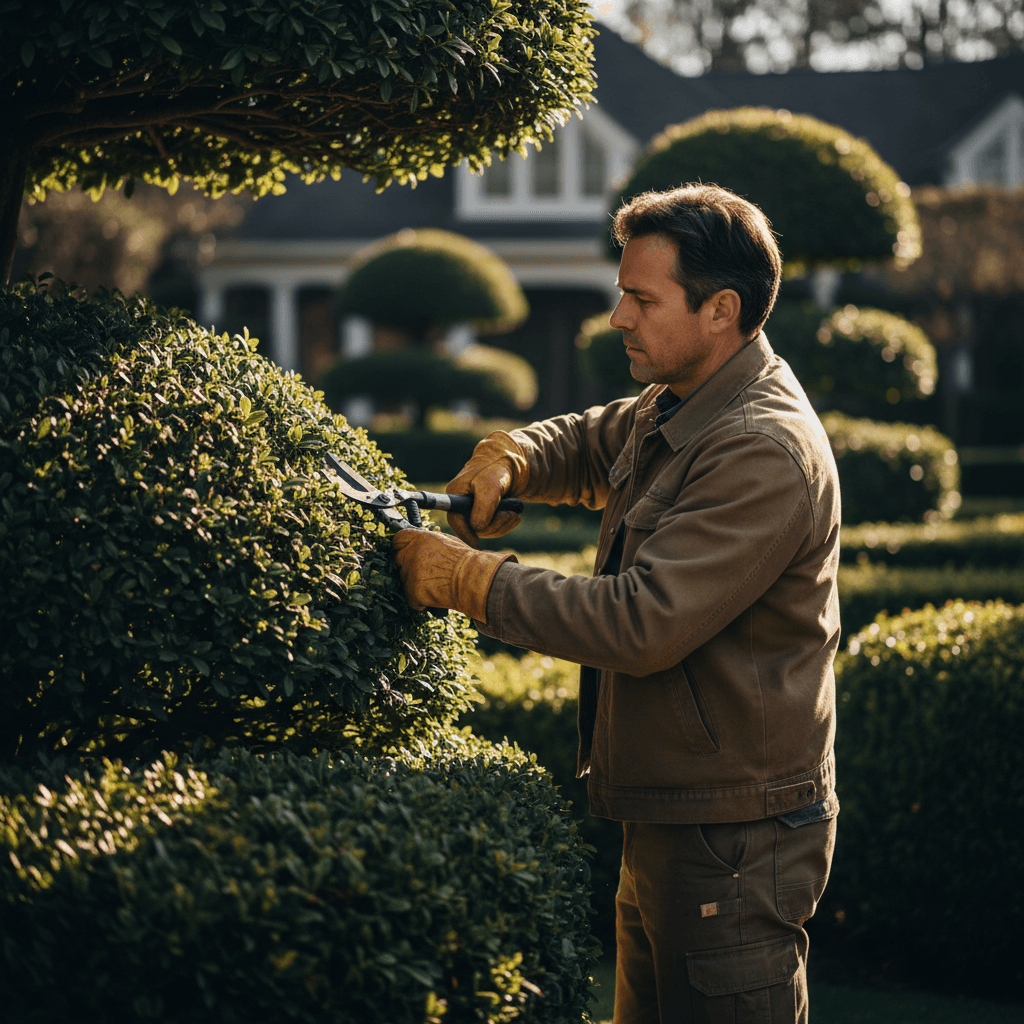 Landscape designer pruning mature shrubs