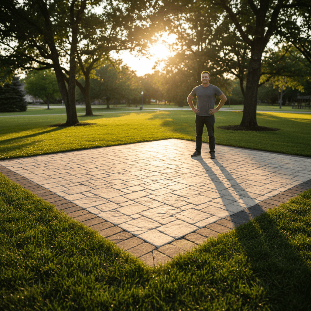 Completed paver patio installation in Suffolk County backyard