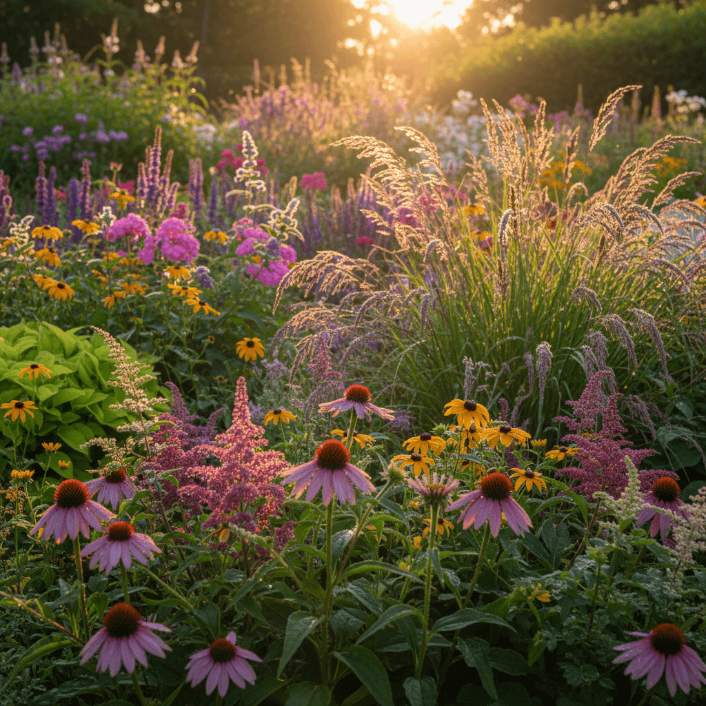 Mixed perennial garden in full bloom at sunrise