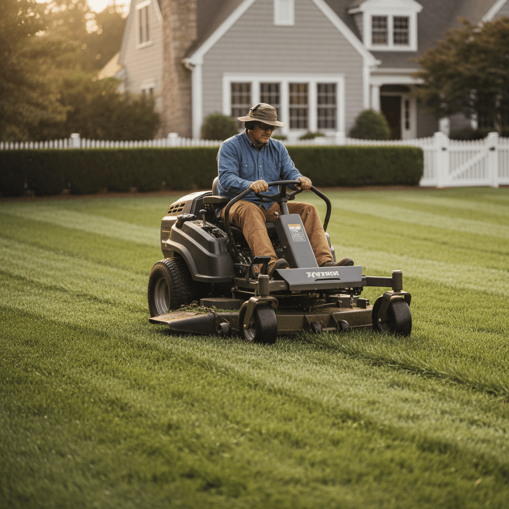 Professional landscaper mowing a residential lawn with a commercial mower