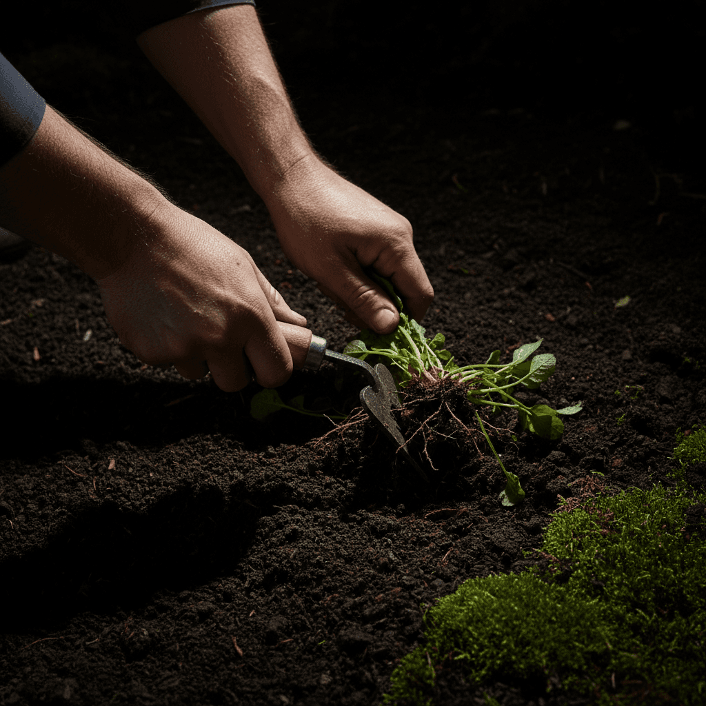 Landscaper's hands removing weeds from garden bed with precision tool