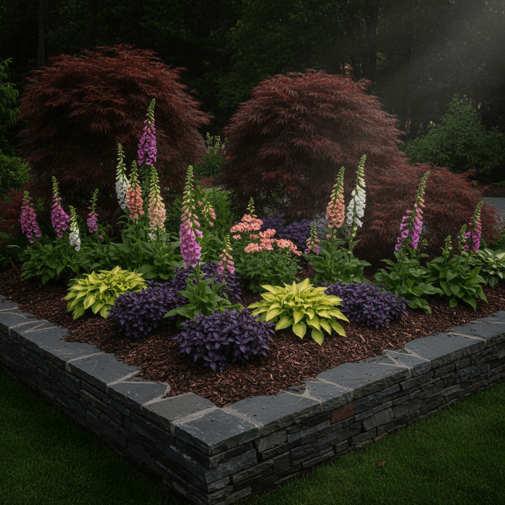 Custom garden design with colorful planted beds
